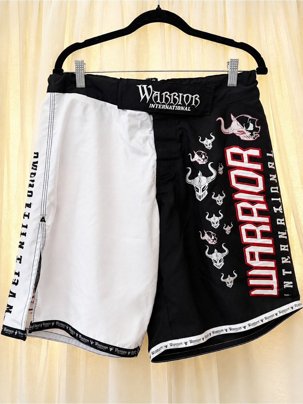 Warrior International Men’s Black & White Athletic Shorts with Red Logo